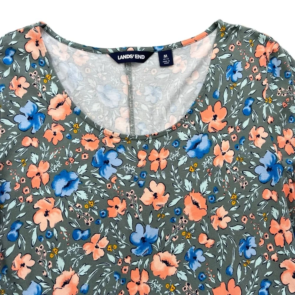 Lands’ End Womens Medium Gray Blue Orange Floral Short Sleeve Midi T-shirt Dress - Picture 8 of 16